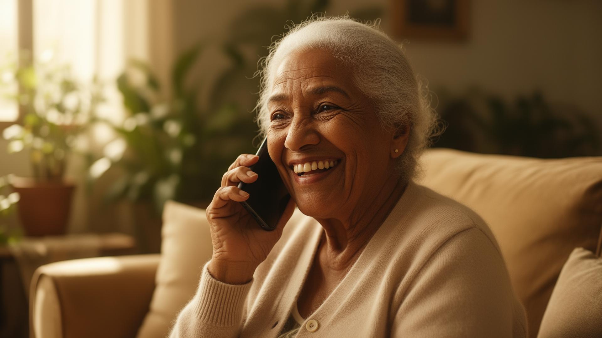 Senhora idosa sorrindo enquanto conversa ao telefone em ambiente acolhedor
